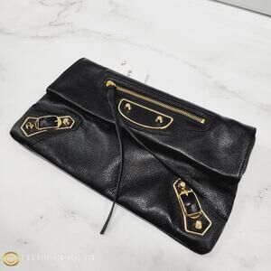 $1295 Balenciaga Agneau Chevre Leather Envelope Strap Clutch Black NWT